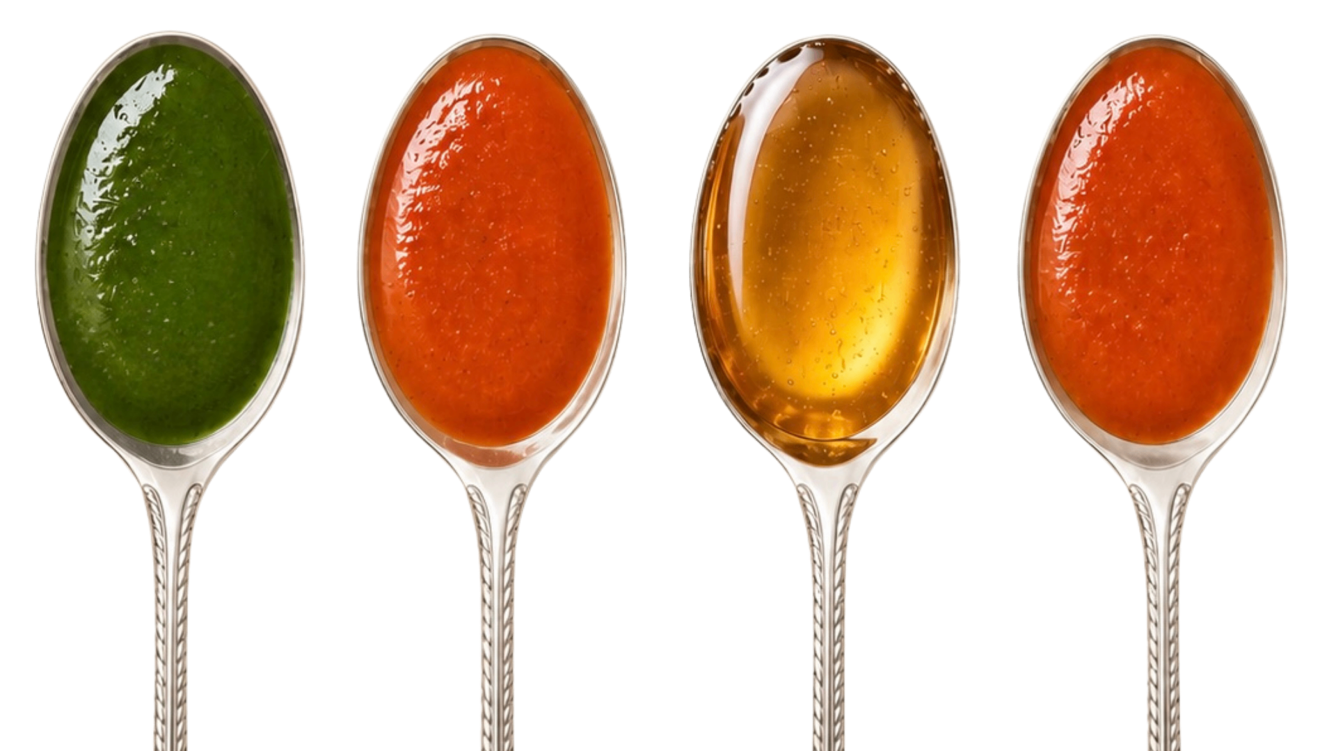 Four spoons holding Nanani sauces